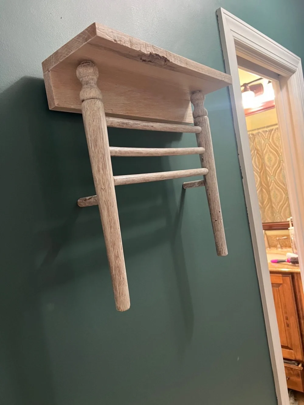 Hand crafted Towel Rack With Small Shelf On Top, Made From Wooden chair. Unique